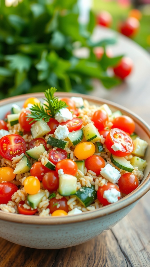 Zesty Mediterranean Orzo Salad with Lemon Dressing Mediterranean Orzo Salad with colorful vegetables and lemon dressing in a rustic bowl.